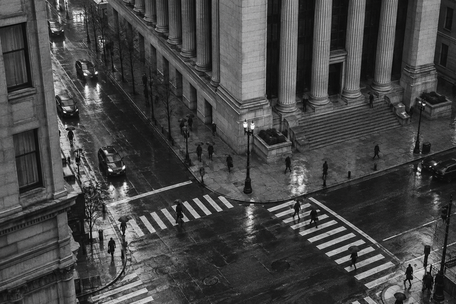 Monochrome architectural study of an urban financial district, viewed from above.